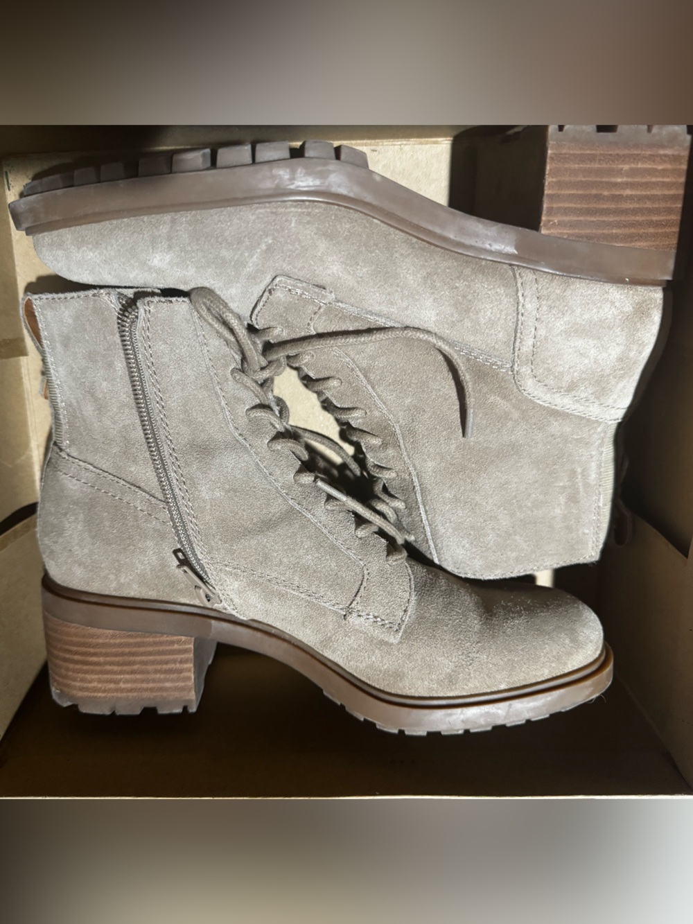 Lucky Brand Taupe Suede Lace-Up Ankle Boots